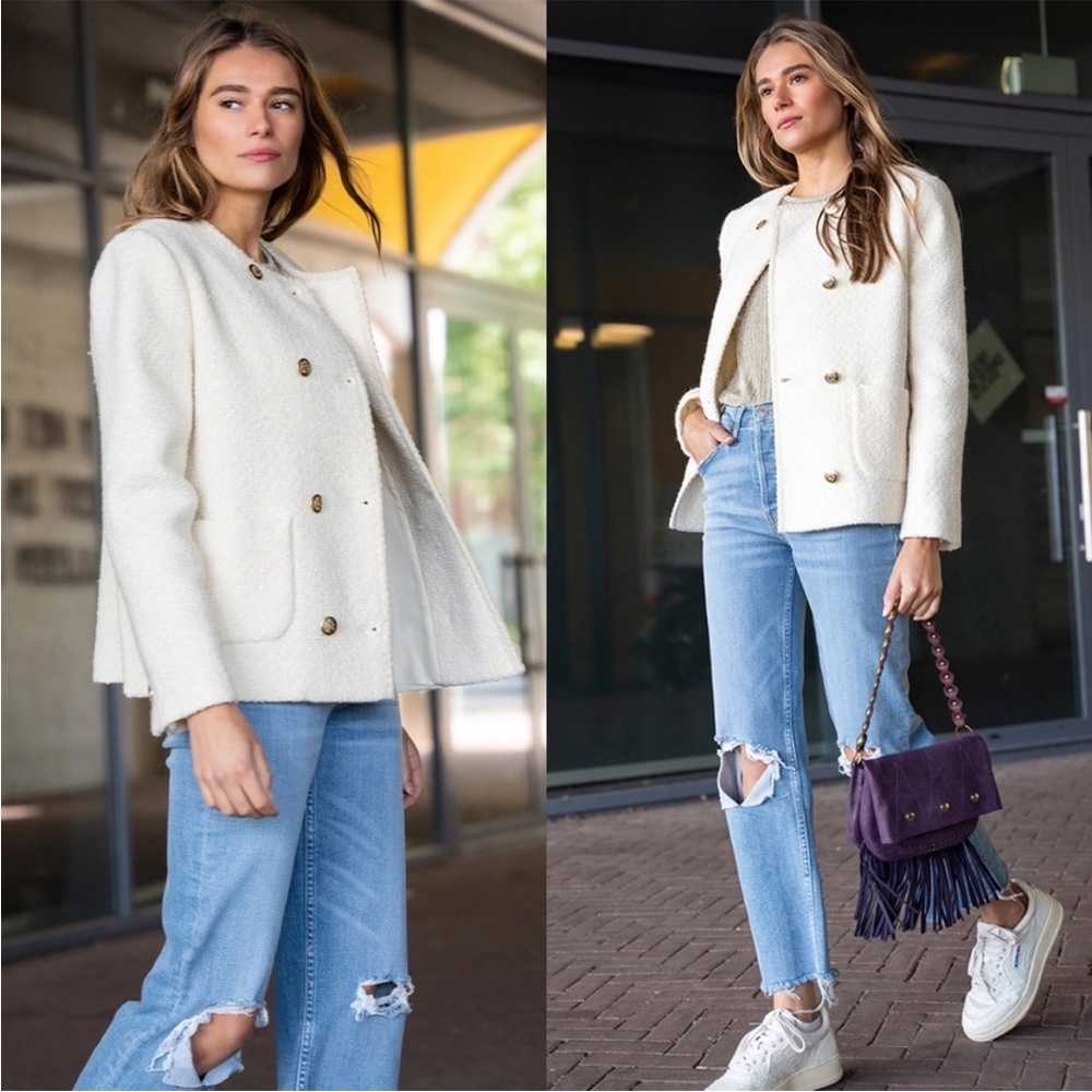 ba&sh Cream Double-Breasted Bouclé Jacket